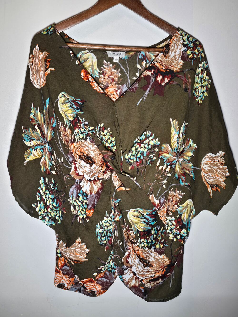 Umgee Large Olive Green Fall Floral Twist Knot Blouse Boho Dolman Kimono Sleeve